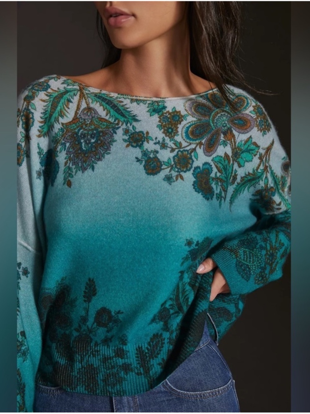 Pilcro Cashmere Teal Gradient Floral Long Sleeve Top